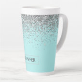 Turkoois Aqua Blauwe Zilveren Glitter Meisjesnaam  Latte Mok (Rechterhoek)