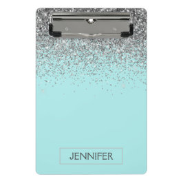 Turkoois Aqua Blauwe Zilveren Glitter Meisjesnaam  Mini Klembord