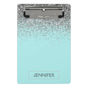 Turkoois Aqua Blauwe Zilveren Glitter Meisjesnaam Mini Klembord