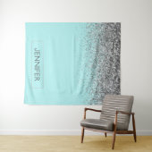 Turkoois Aqua Blauwe Zilveren Glitter Meisjesnaam  Wandkleed (In Situ (horizontaal))