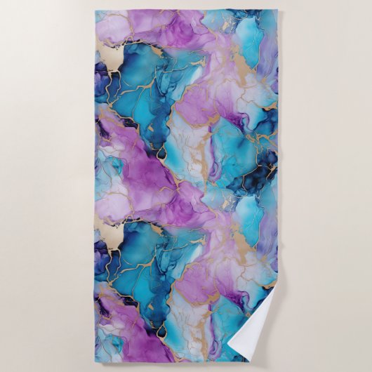 Turkoois Aqua Paars Goud Marmer Strandlaken (Voorkant)