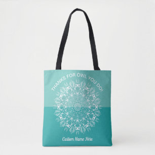 Turkoois Aqua witte uil mandala waardering voor do Tote Bag