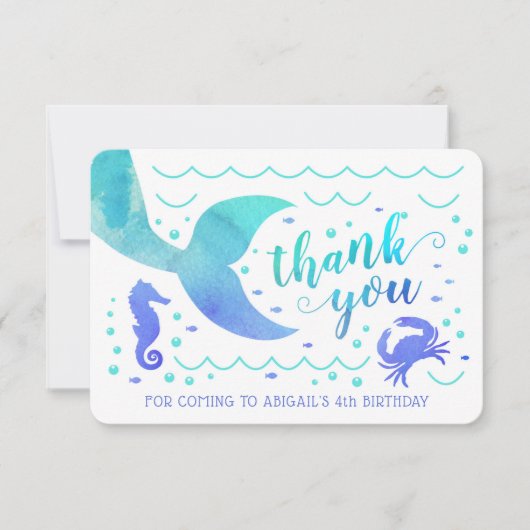 Turkoois Aquarel Onder de Zee Zeemeermin Dank Je Kaart (Voorkant)