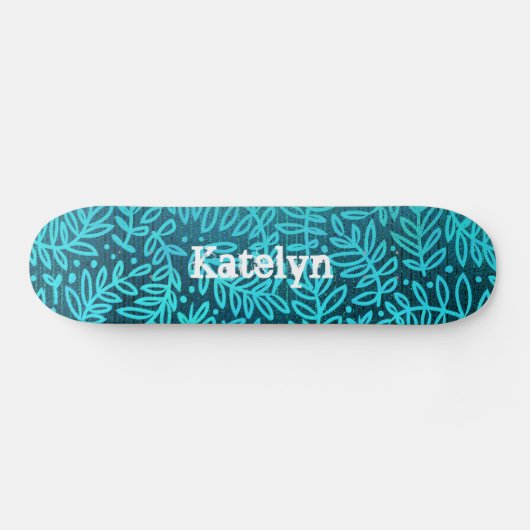 Turkoois blauw blad patroon aangepaste naam cool v persoonlijk skateboard (Horizontaal)