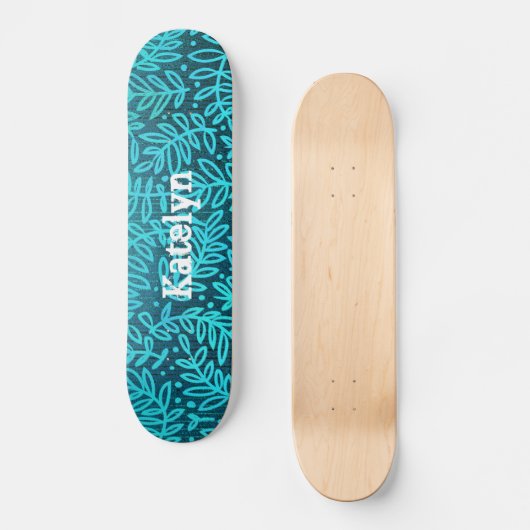 Turkoois blauw blad patroon aangepaste naam cool v persoonlijk skateboard (Voorkant)