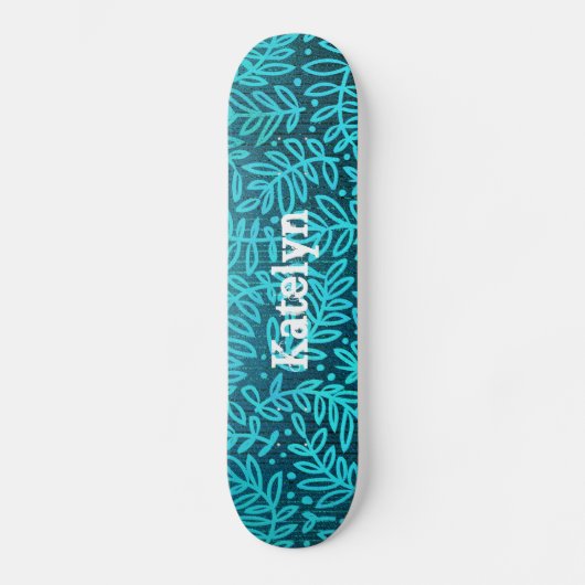 Turkoois blauw blad patroon aangepaste naam cool v persoonlijk skateboard (Voorkant)