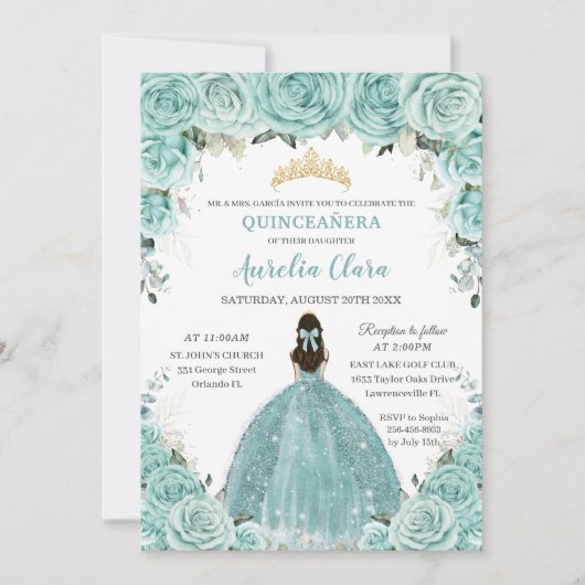 Turkoois Blauw Bloemen Prinses Goud Quinceañera Kaart (Voorkant)