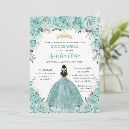 Turkoois Blauw Bloemen Prinses Goud Quinceañera Kaart (Staand voorkant)