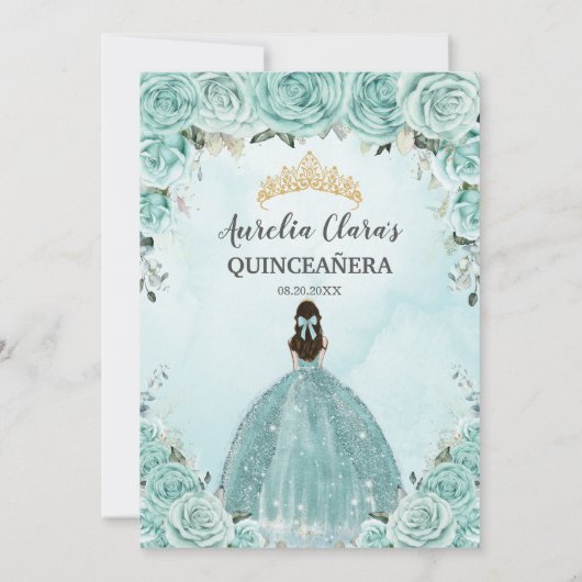 Turkoois Blauw Bloemen Prinses Goud Quinceañera Kaart (Achterkant)