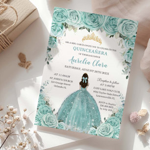 Turkoois Blauw Bloemen Prinses Goud Quinceañera Kaart