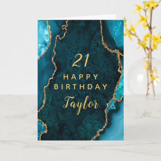 Turkoois Blauw en Goud Agaat Gelukkige Verjaardag Kaart (Gele Bloem)