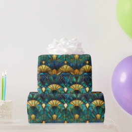 Turkoois, Blauw en Goud Pauw Glas-in-Lood Cadeaupapier
