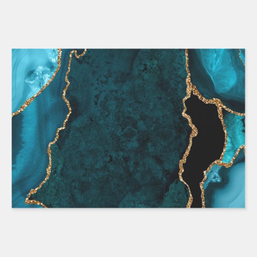 Turkoois Blauw en Gouden Nep Glitter Agaat Inpakpapier Vel (Voorkant)