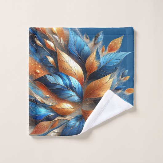 Turkoois Blauw en Koper Bladeren Abstrac Handdoek (Wasdoekje)