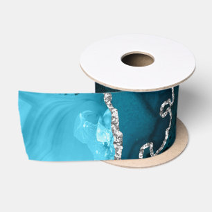 Turkoois Blauw en Zilver Nep Glitter Agaat Satijnen Lint