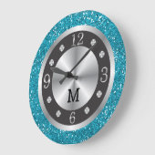Turkoois blauw glitter zilver en zwart monogram grote klok (Hoek)