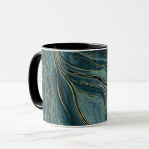 Turkoois Blauw Goud Abstract Waterverf Golven Mok