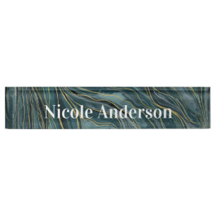 Turkoois Blauw Goud Abstract Waterverf Golven Naambordje