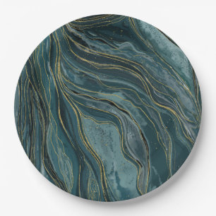 Turkoois Blauw Goud Abstract Waterverf Golven Papieren Bordje