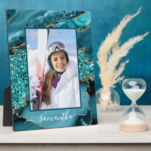 Turkoois Blauw Goud Glitter Agate Elegante Naam Fo Fotoplaat