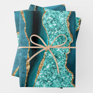 Turkoois Blauw Goud Glitter Inpakpapier Vellen