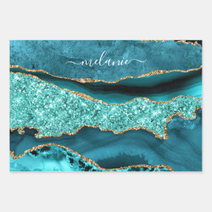 Turkoois Blauw Goud Glitters Turquoise Aangepaste  Inpakpapier Vel