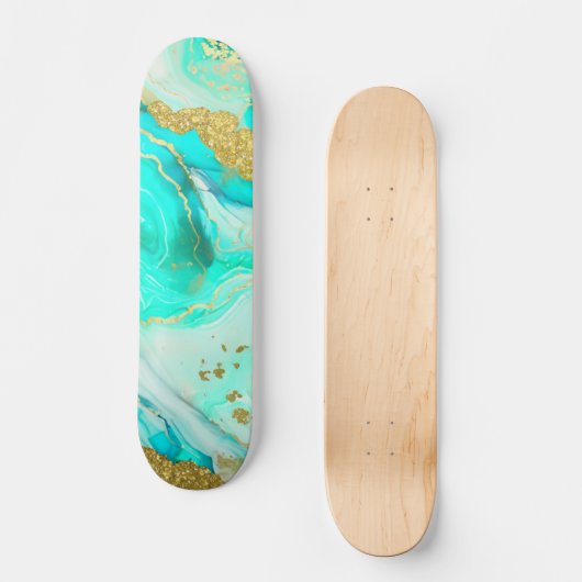 Turkoois Blauw Goud Marmer Geode Alcohol Inkt Persoonlijk Skateboard (Voorkant)