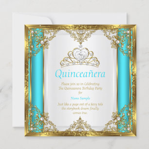 Turkoois Blauw Goud Witte Parel Prinses Quinceaner Kaart