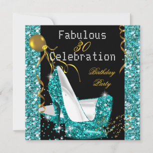 Turkoois Blauw Gouden Glitter Hoge Hakken Verjaard Kaart