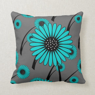 Turkoois Blauw Grijs Zwart Bloem Bloemen Kussen