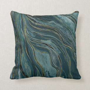 Turkoois Blauw Groen Goud Abstract Waterverf Golve Kussen
