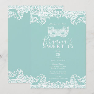 Turkoois Blauw Kant Maskerade Sweet 16 Feestje Kaart