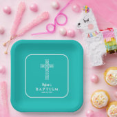 Turkoois Blauw Kruis Communie Doopsel Papieren Bordje (Feest)
