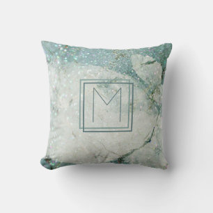 Turkoois Blauw Marmer Abstract Monogram Frame Kussen