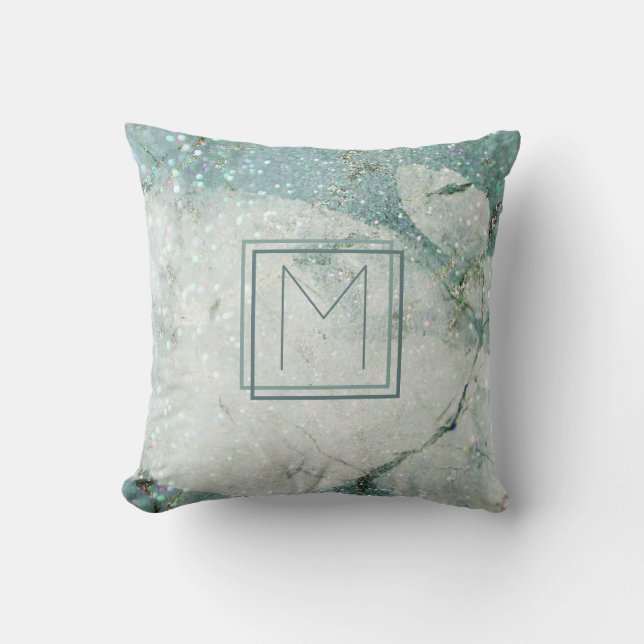 Turkoois Blauw Marmer Abstract Monogram Frame Kussen (Voorkant)