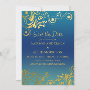 Turkoois Blauw Ombre' Gouden Bloei Foto Bruiloft Save The Date