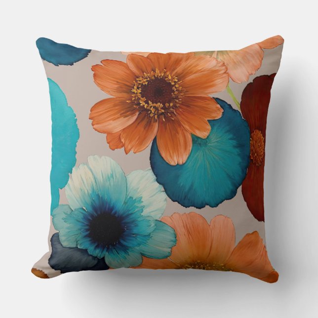 Turkoois blauw, rood, roest en brons Boho bloemen Kussen (Voorkant)