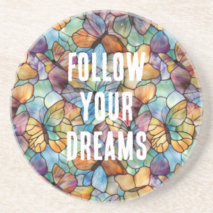 Turkoois Blauw Sinaasappel Paarse Vlinders Zandsteen Onderzetter