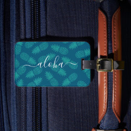 Turkoois Blauw Tropisch Ananas Patroon Aloha Schri Bagagelabel