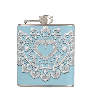 Turkoois Blauw Witte Kant Hart Trouw Bruid Heupfles
