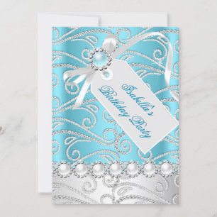 Turkoois Blauw Witte Parel Diamanten Verjaardagsfe Kaart
