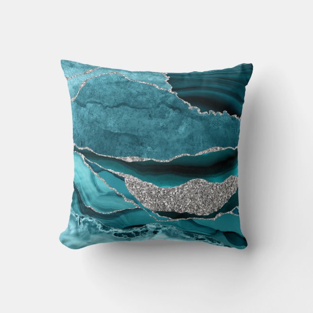 Turkoois Blauw Zilver Glitter Luxe Agate Geode Kussen (Voorkant)