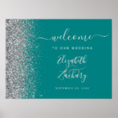 Turkoois Blauw Zilver Glitter Trouw Welkom Bord Poster (Voorkant)