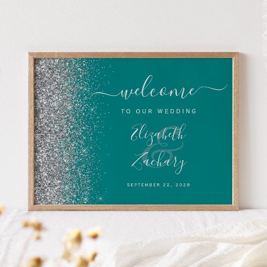 Turkoois Blauw Zilver Glitter Trouw Welkom Bord Poster