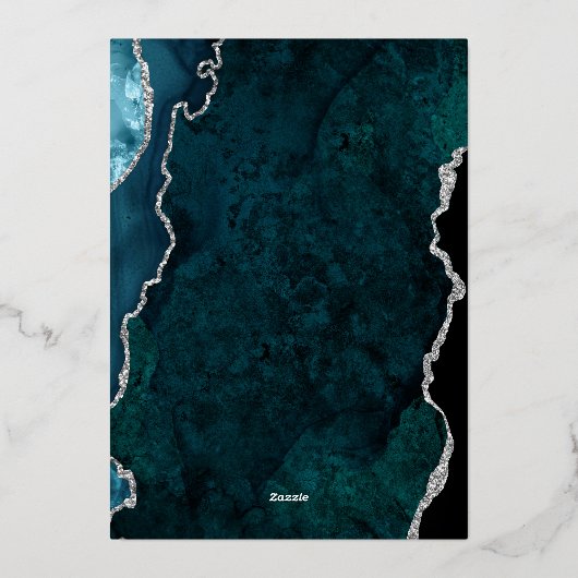 Turkoois Blauw Zilveren Nep Glitter Agaat Bruiloft Folie Uitnodiging (Achterkant)