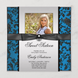 Turkoois Blauw Zwart Damast Foto Sweet 16 Feest Kaart