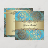 Turkoois Blauw Zwart Goud Damast Feest Kaart (Voorkant / Achterkant)