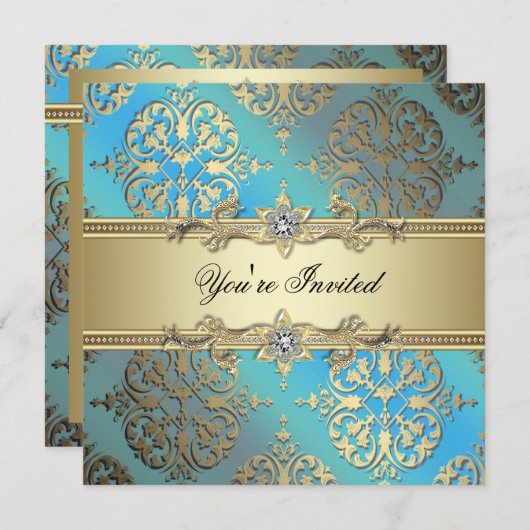 Turkoois Blauw Zwart Goud Damast Feest Kaart (Voorkant / Achterkant)