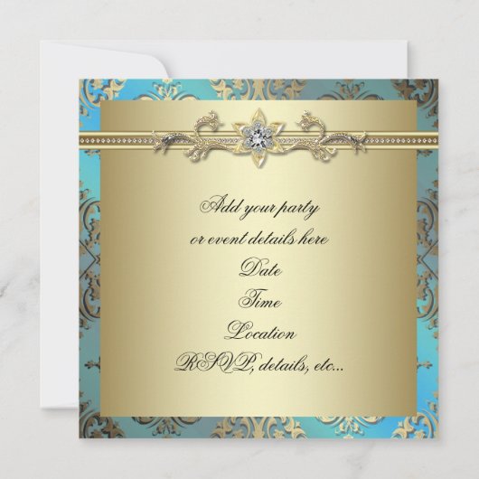 Turkoois Blauw Zwart Goud Damast Feest Kaart (Achterkant)