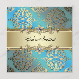 Turkoois Blauw Zwart Goud Damast Feest Kaart